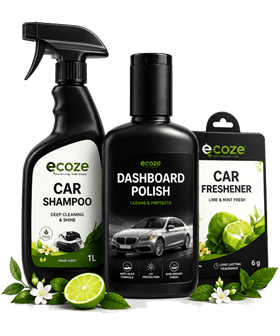 Ecoze auto care products — car shampoo, dashboard polish, car freshener