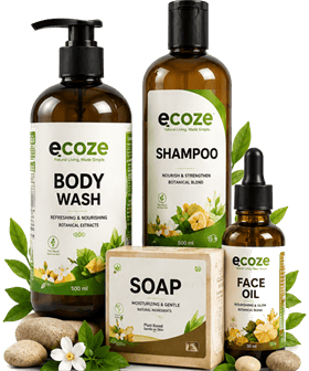 Ecoze personal care products — body wash, shampoo, soap, face oil